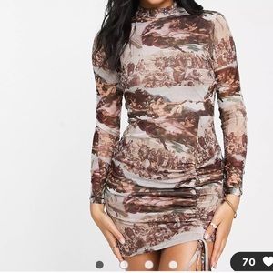 ASOS Missguided high neck mini dress in brown renaissance print Sz 0